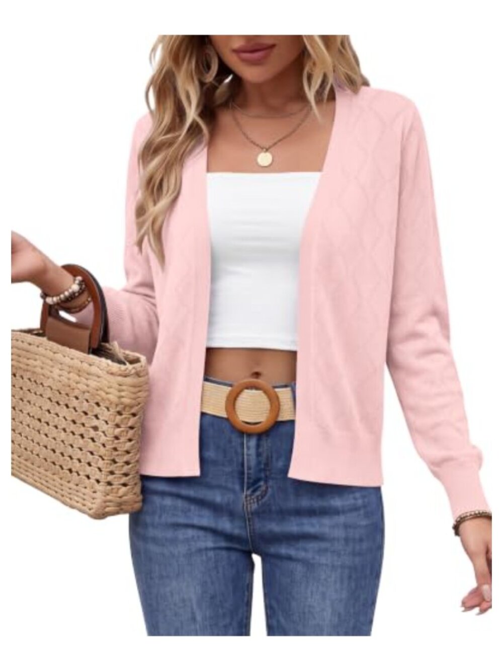 Open Front Knit Cardigan Hollow Out Lightweight Layering Sweater
